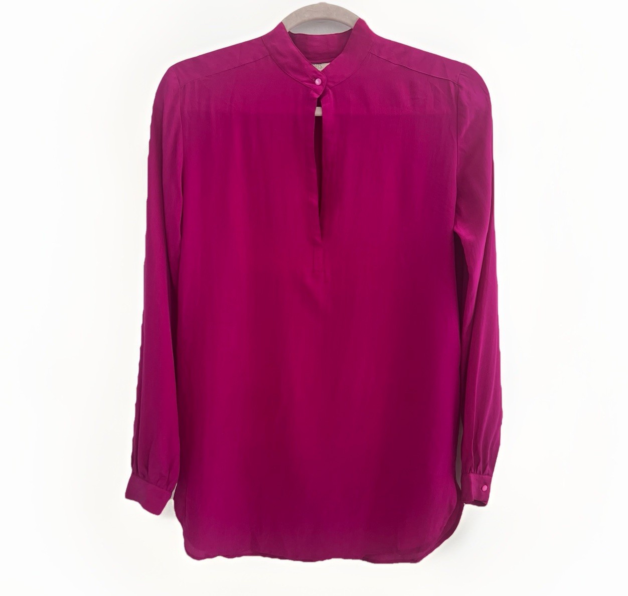 ⁠Vintage 80s 90s Magenta 100% Silk Blouse Mandarin Split Neck M⁠EDIUM NEW