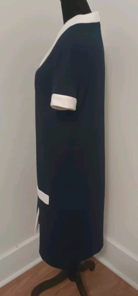 1960s Navy Blue Knit Shirt Dress Ribbed Waitress Stewardess Pockets Size 16 VTG