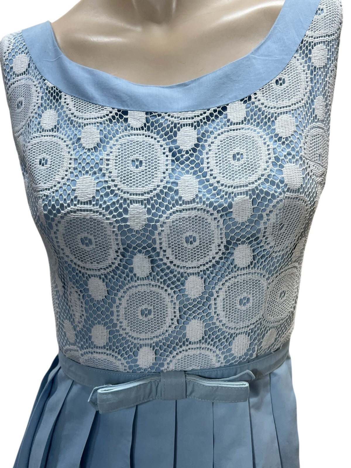 EUC Vtg 60s XS Mar Tee Day Dress Blue Knife Pleat Skirt Atomic White Lace Belted
