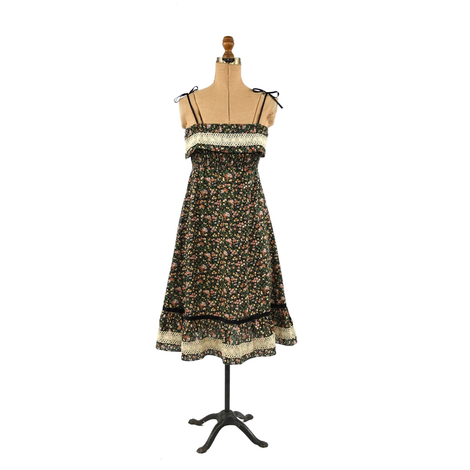 Vintage 70s Calico Floral Prairie Sundress Crochet Lace Velvet Ribbon Trim Tie S