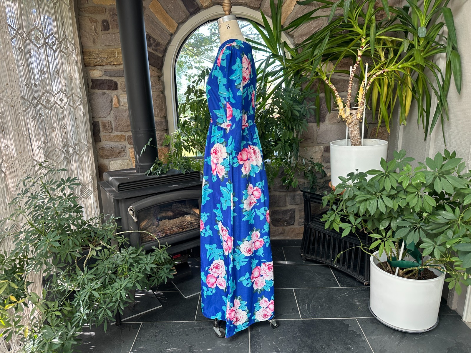 Vintage 1980s Blue and Pink Floral Summer Maxi Dress