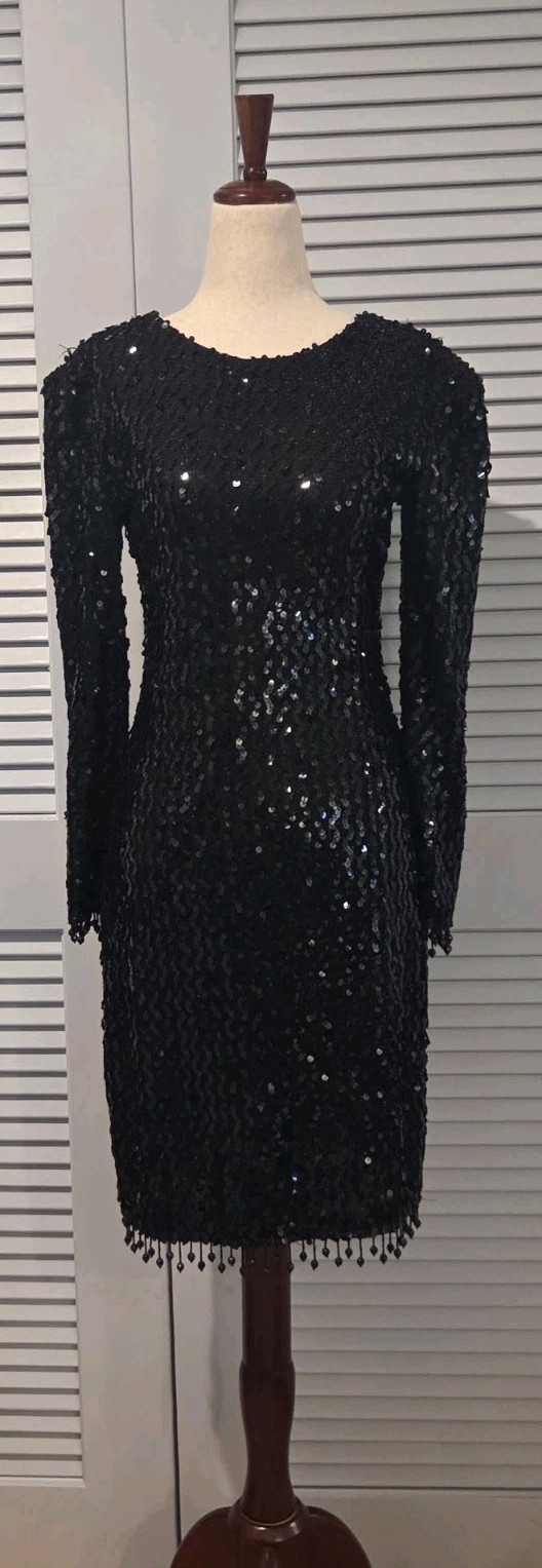 Glenrob Black Sequin Beaded Fringe Hem Long Sleeve Vintage Dress