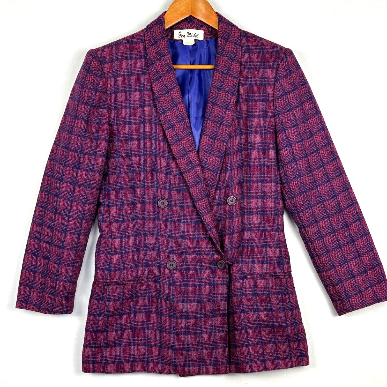 Vintage 80’s Jacket Blazer Sz 8 Double Breasted Plaid Purple Blue Retro Colorful