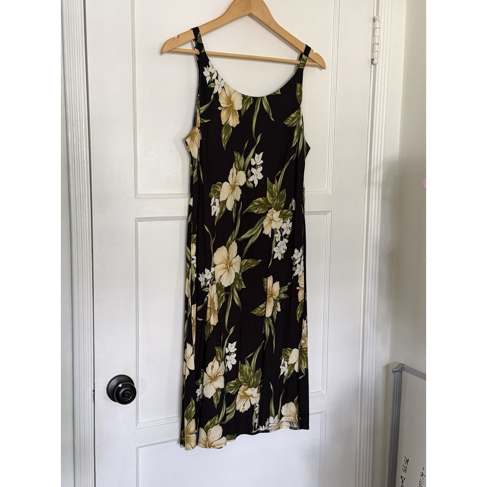 Iolani Hawaii Vintage 80s 90s Cream Black Yellow Floral Hibiscus Print Dress M