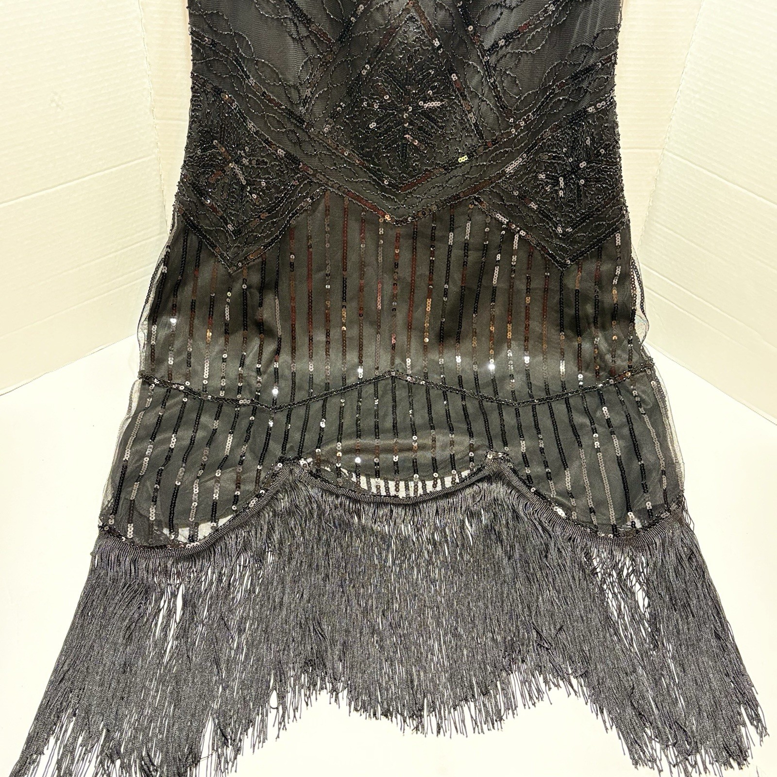 Black Sequin Beaded Flapper Dress Gatsby Fringe Mesh Cocktail Party Dress 3XL