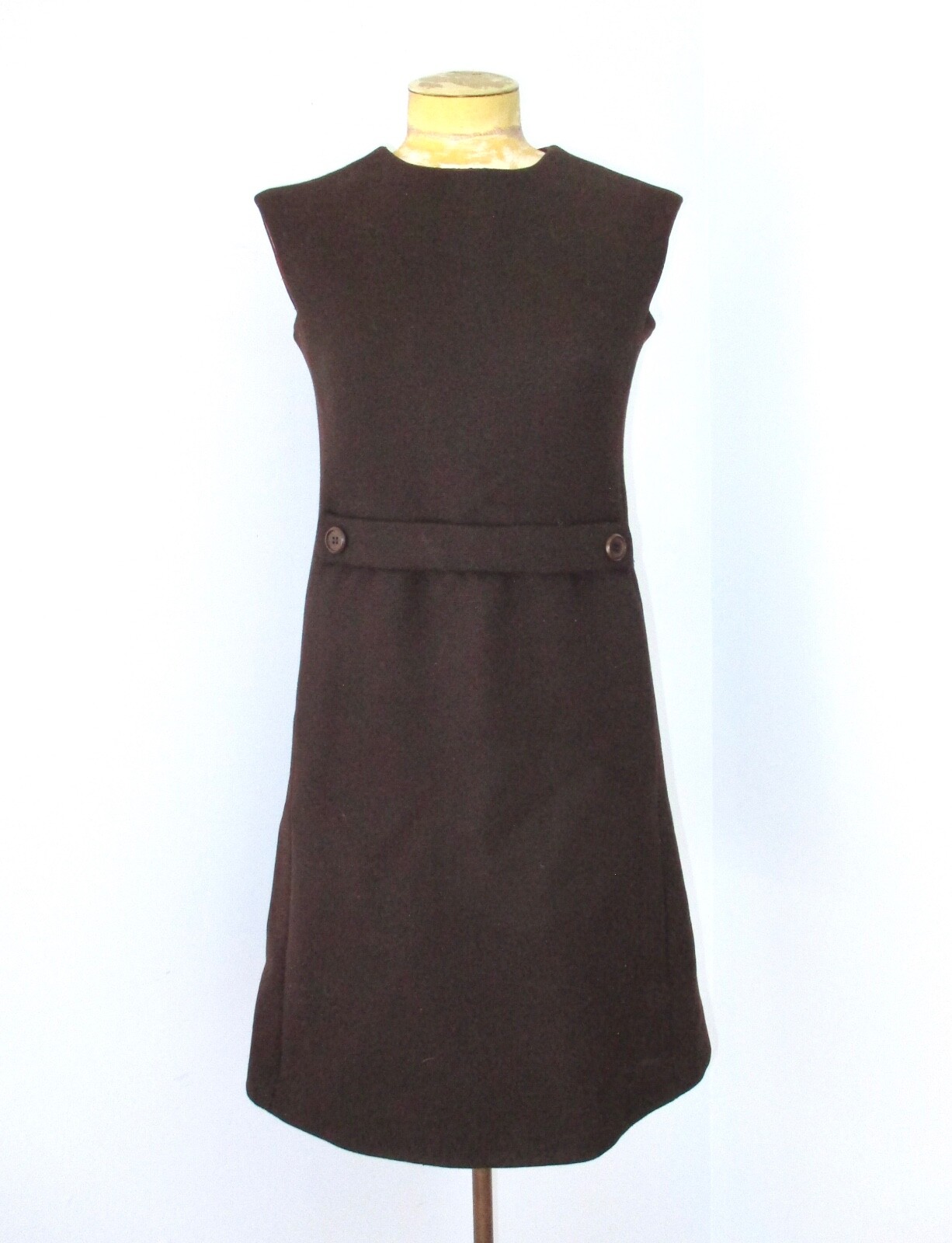 Vtg 60s 70s dark brown heavyweight wool sleeveless shift dress pockets lined 8