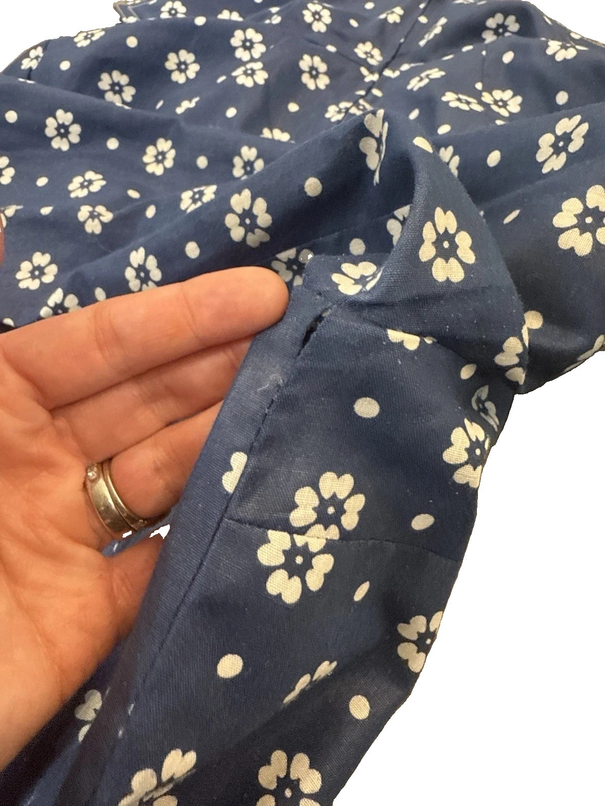 Vintage 1970s DW3 David Warren Collared Dress Navy & White Floral Belted Sz S/M