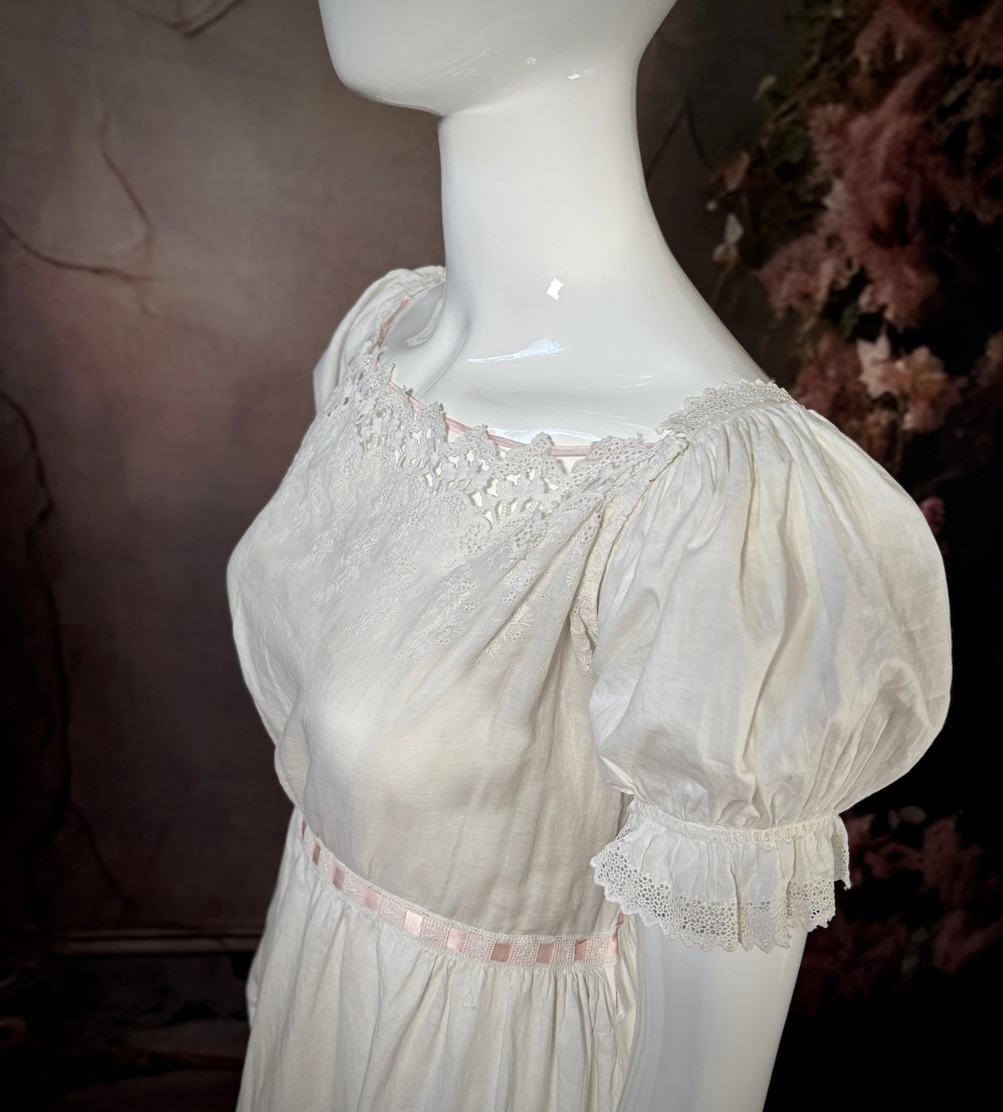 1850s Cotton Batiste Slip Dress Puff Sleeves Pink Silk Ribbon & Brush Train 2/4