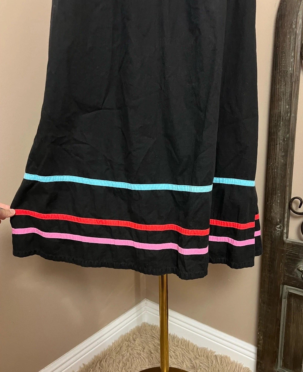 Vintage 70s Neiman Marcus Black Cotton Shoulder Tie Sundress Retro Mod Size L