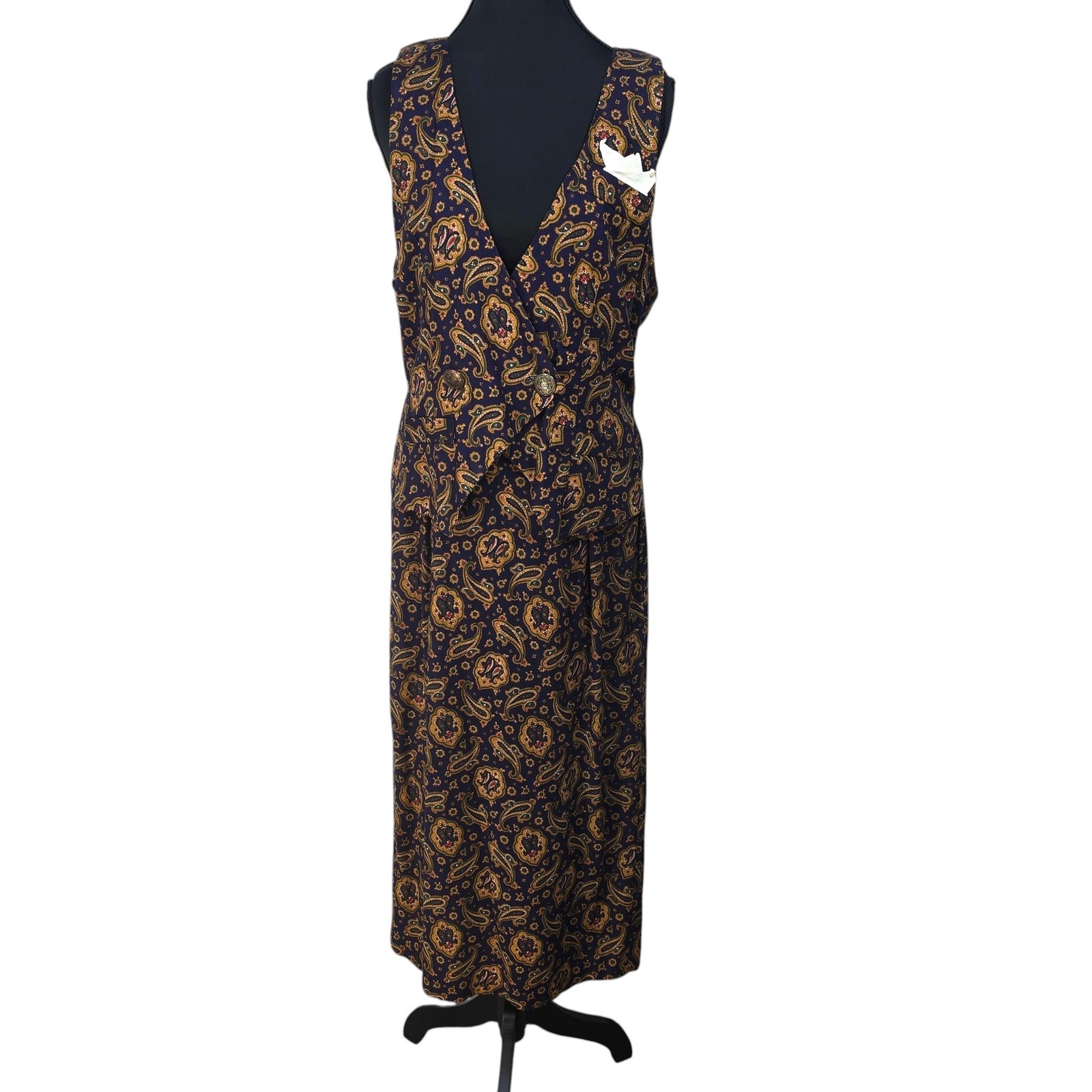 RJ Stevens Carol Escritor Vintage Paisley Secretary Dress Navy Blue Gold Size 8