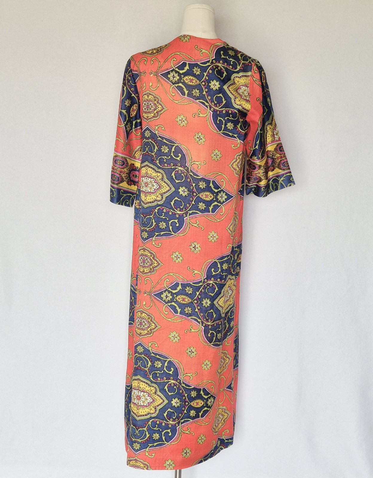 Vintage Lounge Craft Neon Psychedelic Maxi Hostess Kaftan Robe Dress Attached S
