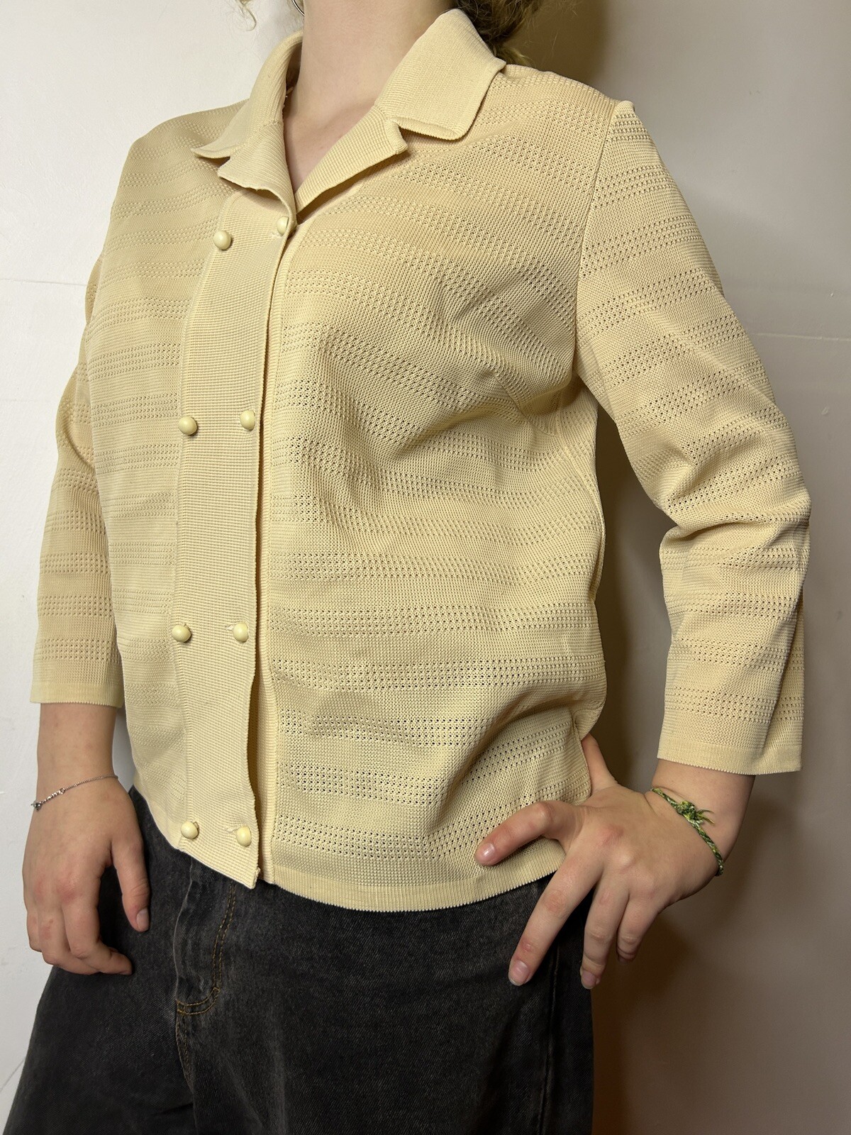 Vintage 1980s Knit Polyester Collared Blouse Cream White Double Breasted AU 14