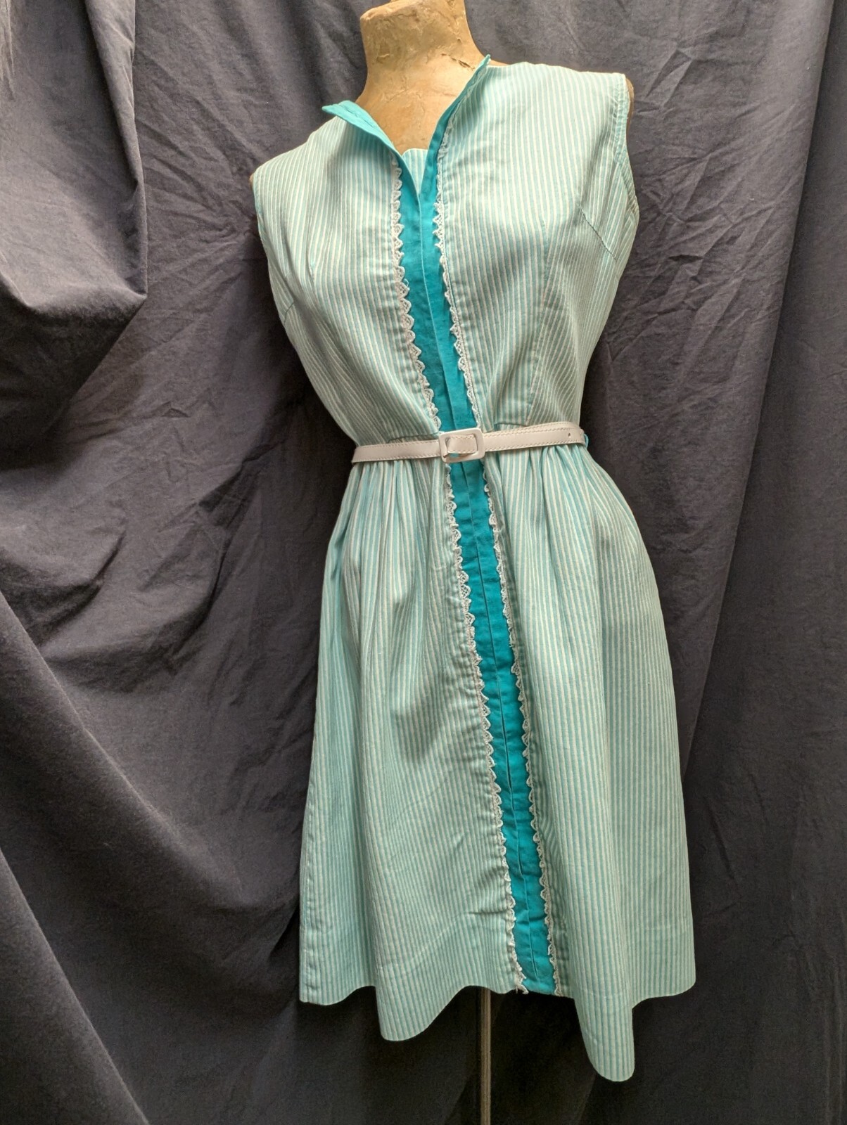 60s Turquoise & White Cotton Summer Day Dress Size Small