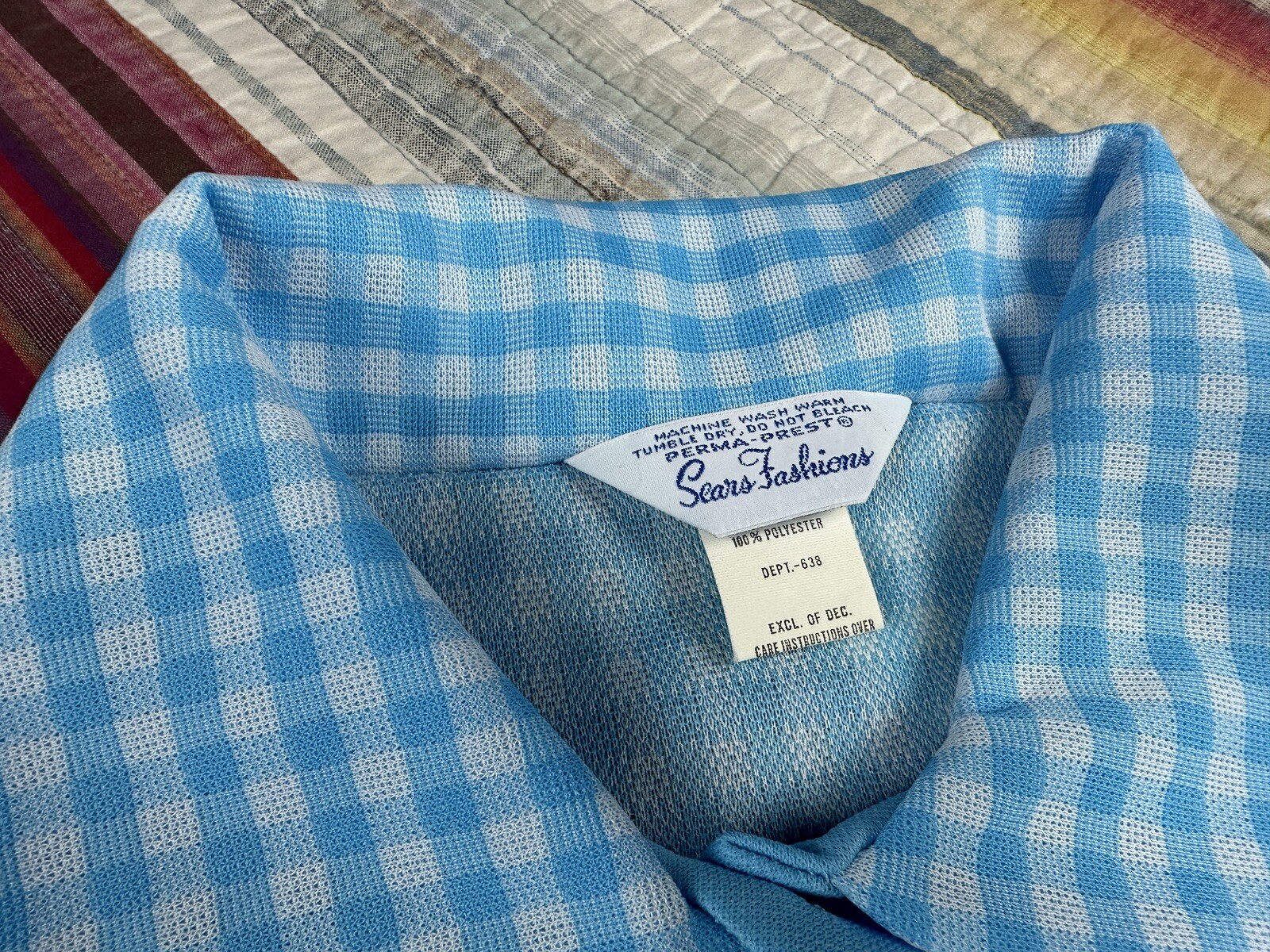 Vtg 1970’s Sears Fashions Blue Gingham Checkered Button Down House Coat Sz M
