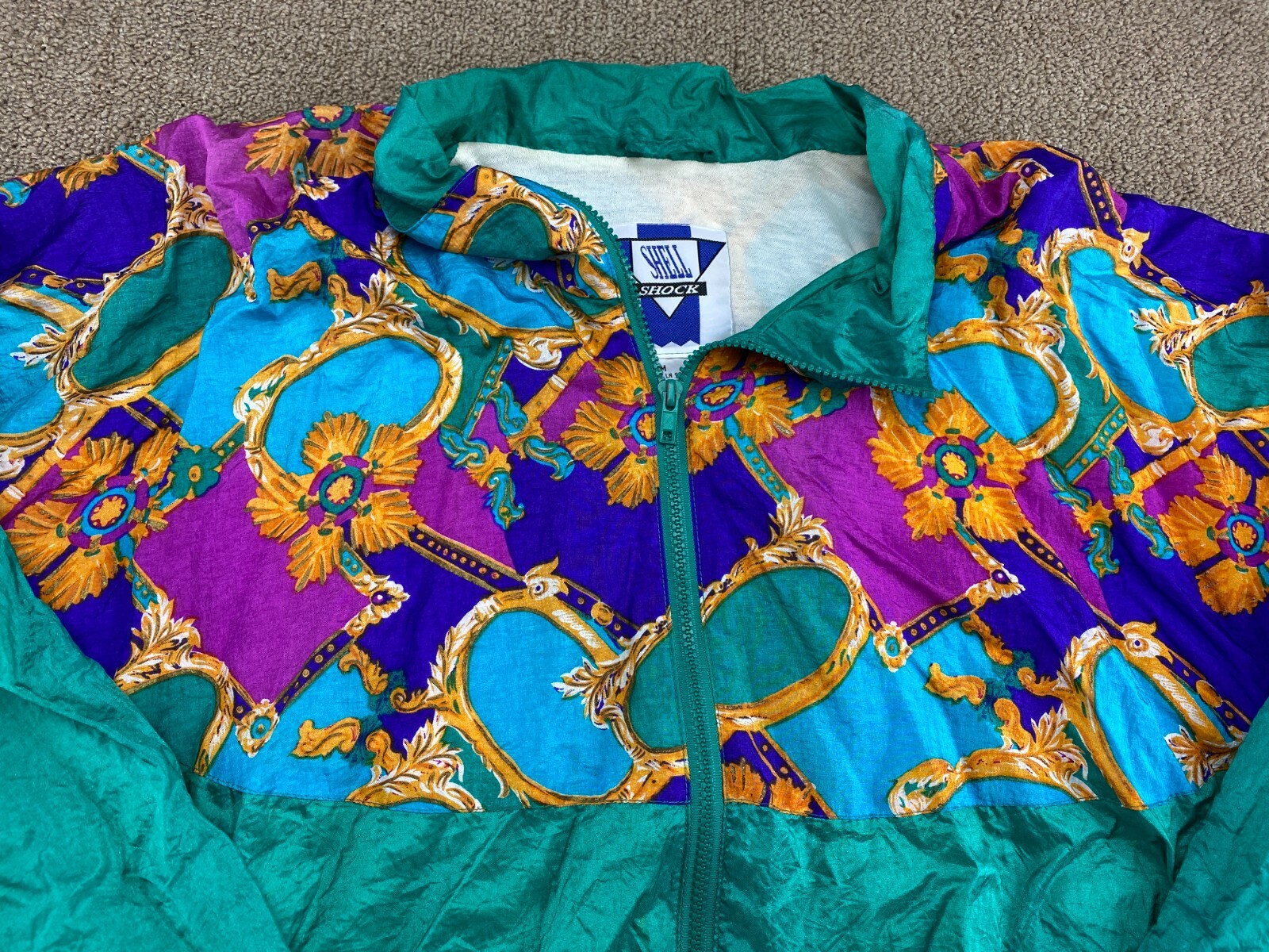 Shell Shock Womens Windbreaker Jacket Coat Abstract Colorful Sea Foam Green VTG