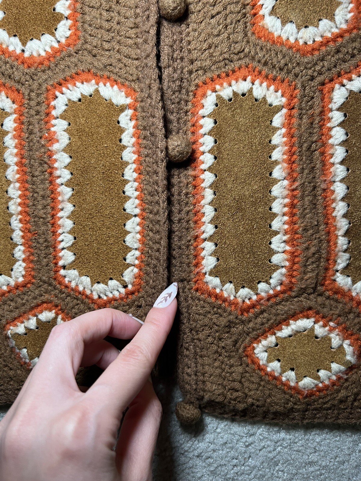 True Vintage Retro 70s Leather Patch Crochet Knit Vest by Aware Size Large