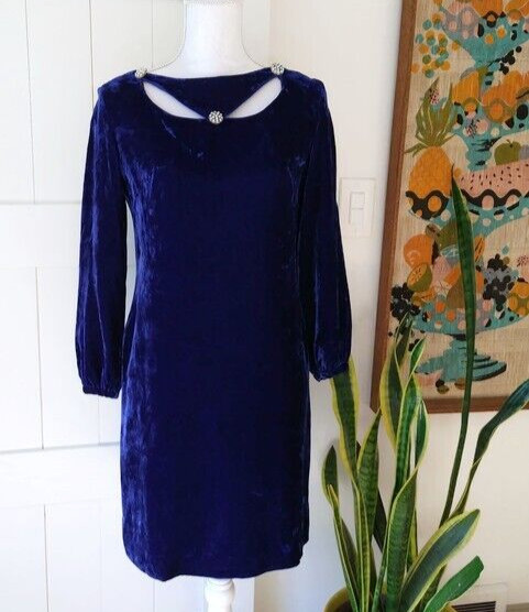 True VTG C. ’64-68 Cocktail Dress SM (US 4-6) Blue Crushed Velour Velvet Shift