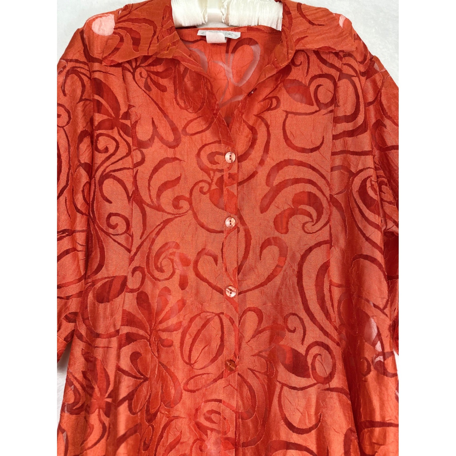 Vintage Come N See Tunic Top Dress Large Orange Burnout Sheer Boho Art to Wear