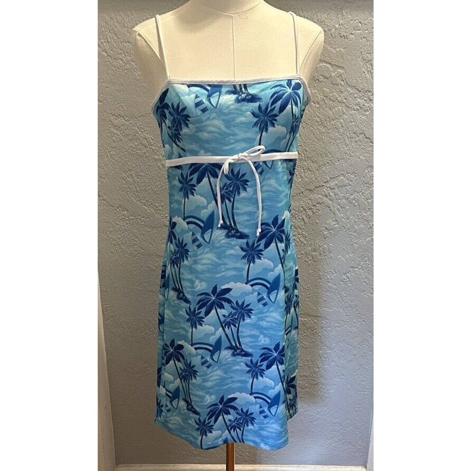 Finesse Tank Dress Women LG Blue White Tropical Print USA Vintage Y2K Resort
