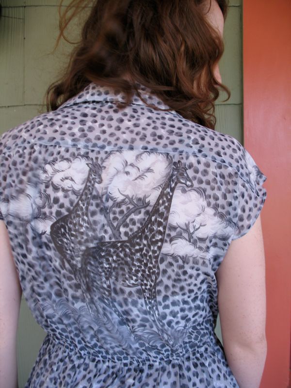 VTG Chingyeh Dress Sheer Chiffon African Savannah Scene Animal Print Grey Black