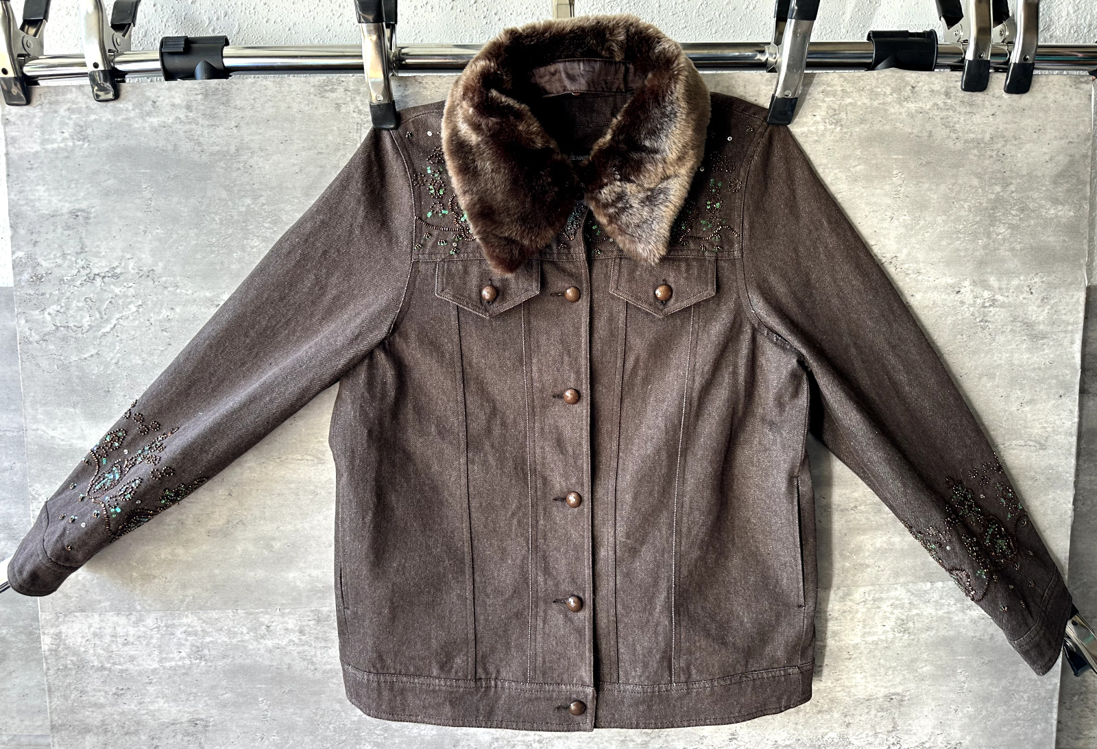 Vintage Dennis Basso Brown Denim Embellished Trucker Jacket w Faux Fur Collar M