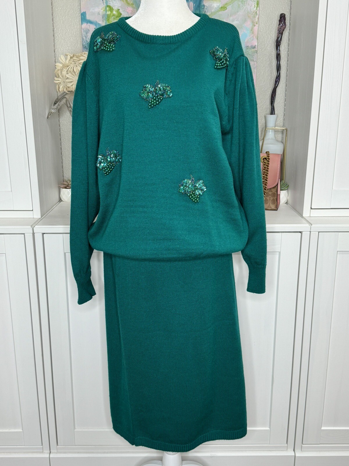1990s Cervelle Sweater And Skirt Set XL Beaded Teal Acrylic NWOT Vintage