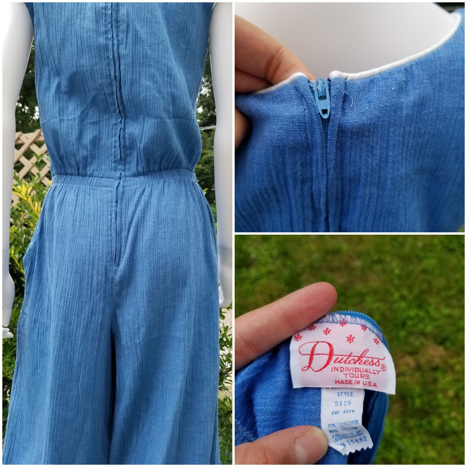 Vintage 1970s „Dutchess”Marine Baby blue wide leg romper jumpsuit nautical SM