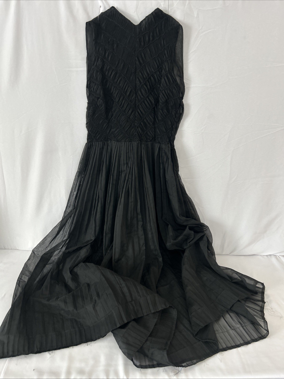 VTG. 1950’s Black Crystal Pleated Maxi Dress with Illusion Neckline Size-S