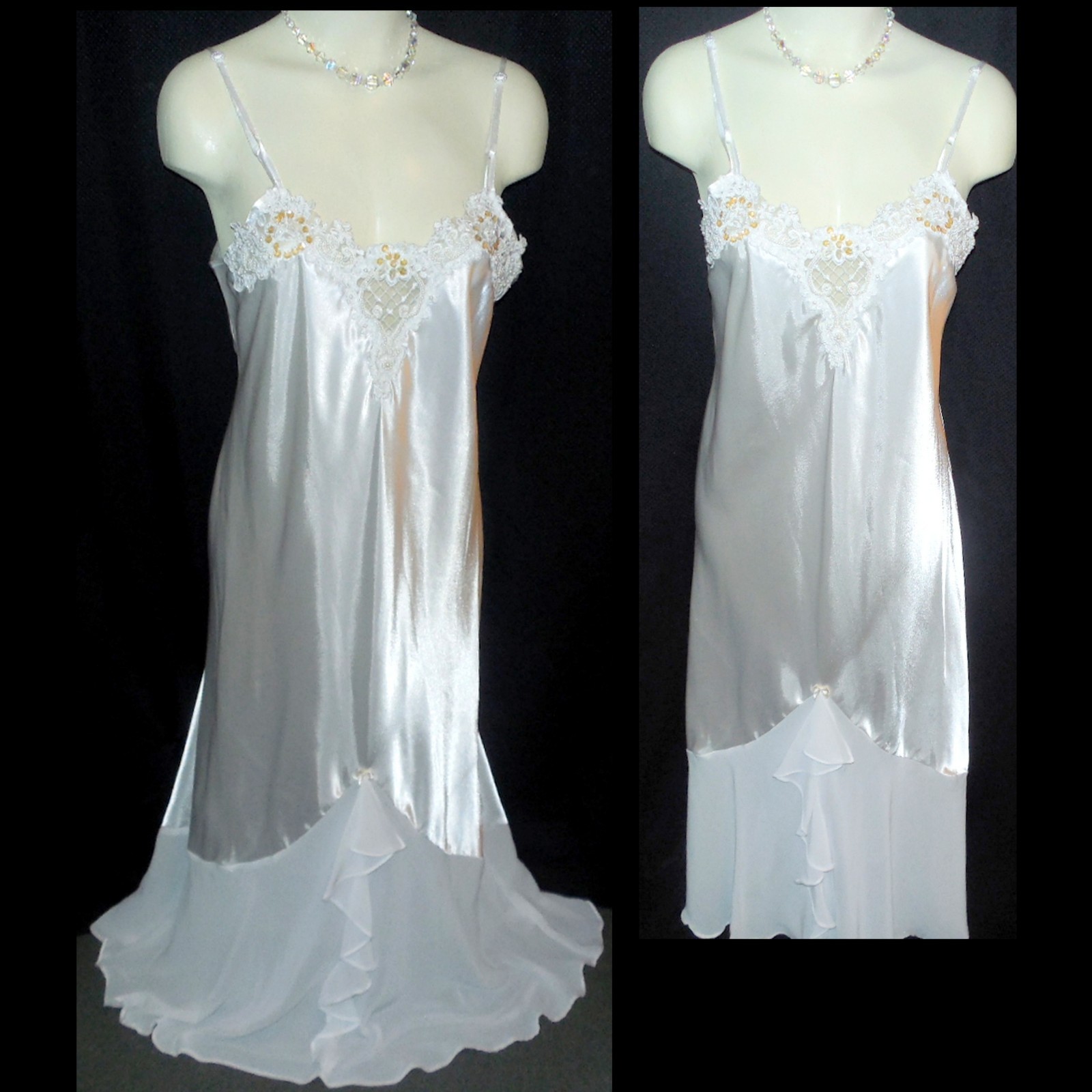PRISTINE L BUST 38″ ENCHANTING BEADED BRIDAL WHITE PEARLS LIQUID SATIN NIGHTGOWN