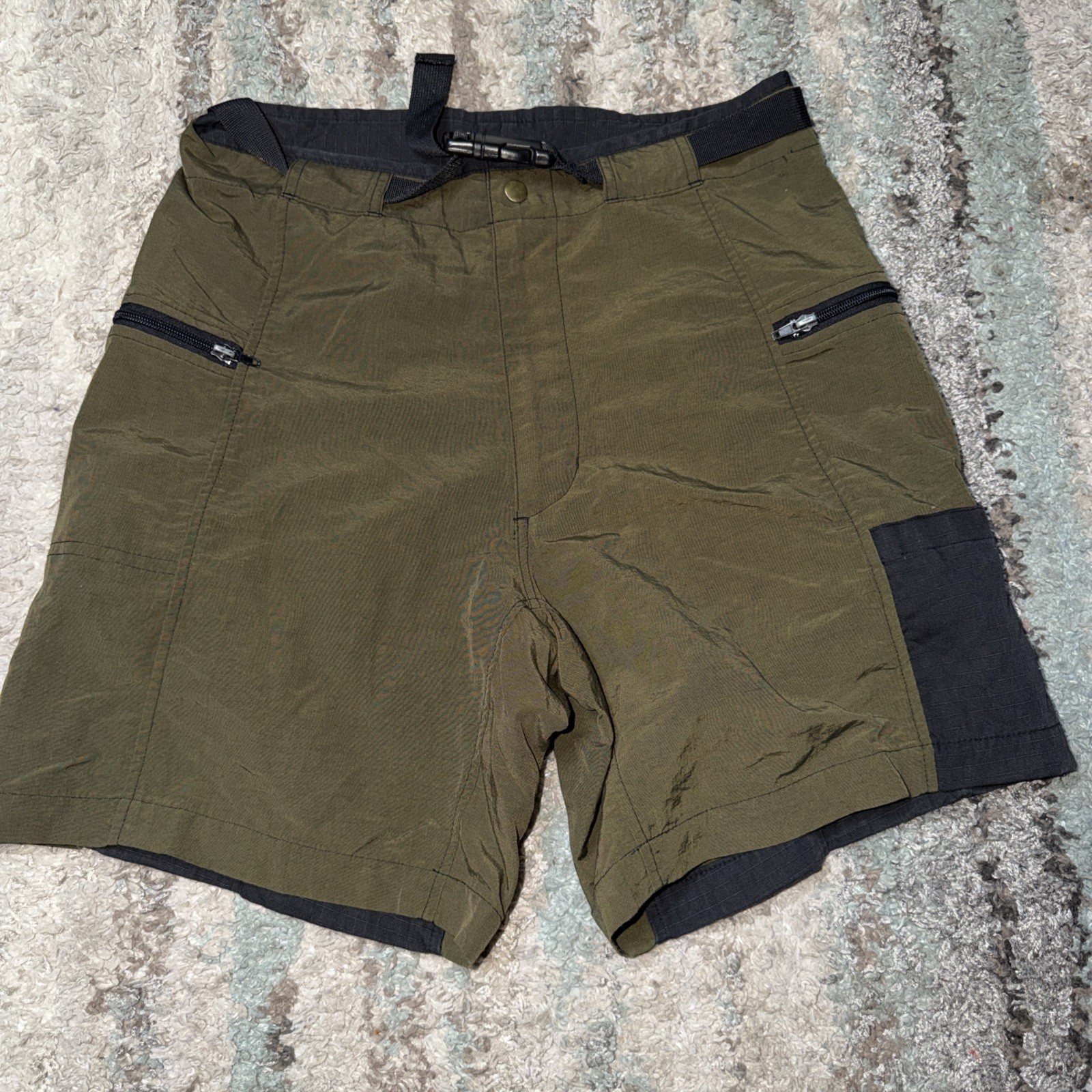 Vintage 80s 90s Last Chance Sportswear Nylon Olive Green Belted Shorts Size 32