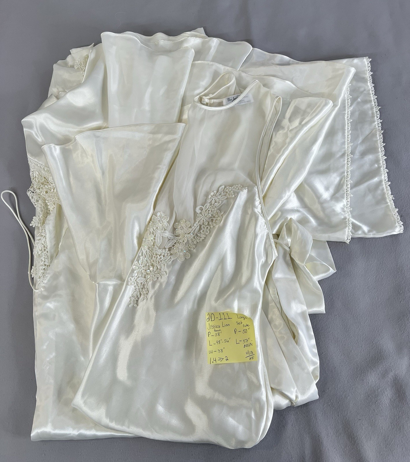 VTG Jessica Lynn Collection Women Set Robe Night Gown Satin L Ivory Chiffon Y2K