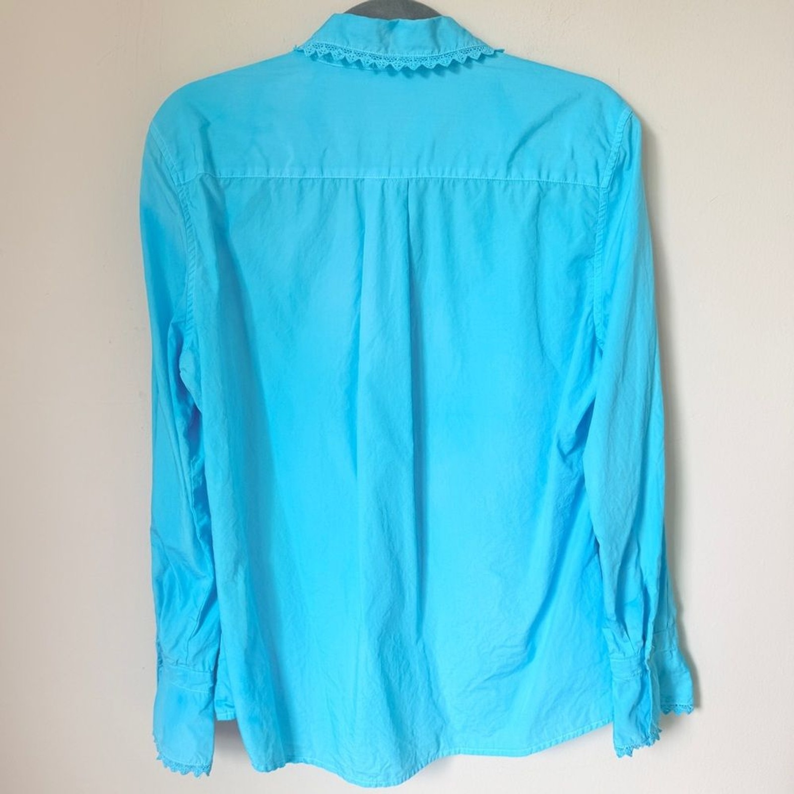 Vintage Hand-dyed Turqoise Aqua Blue Button Down Shirt Blouse Top Eyelet Trim 12
