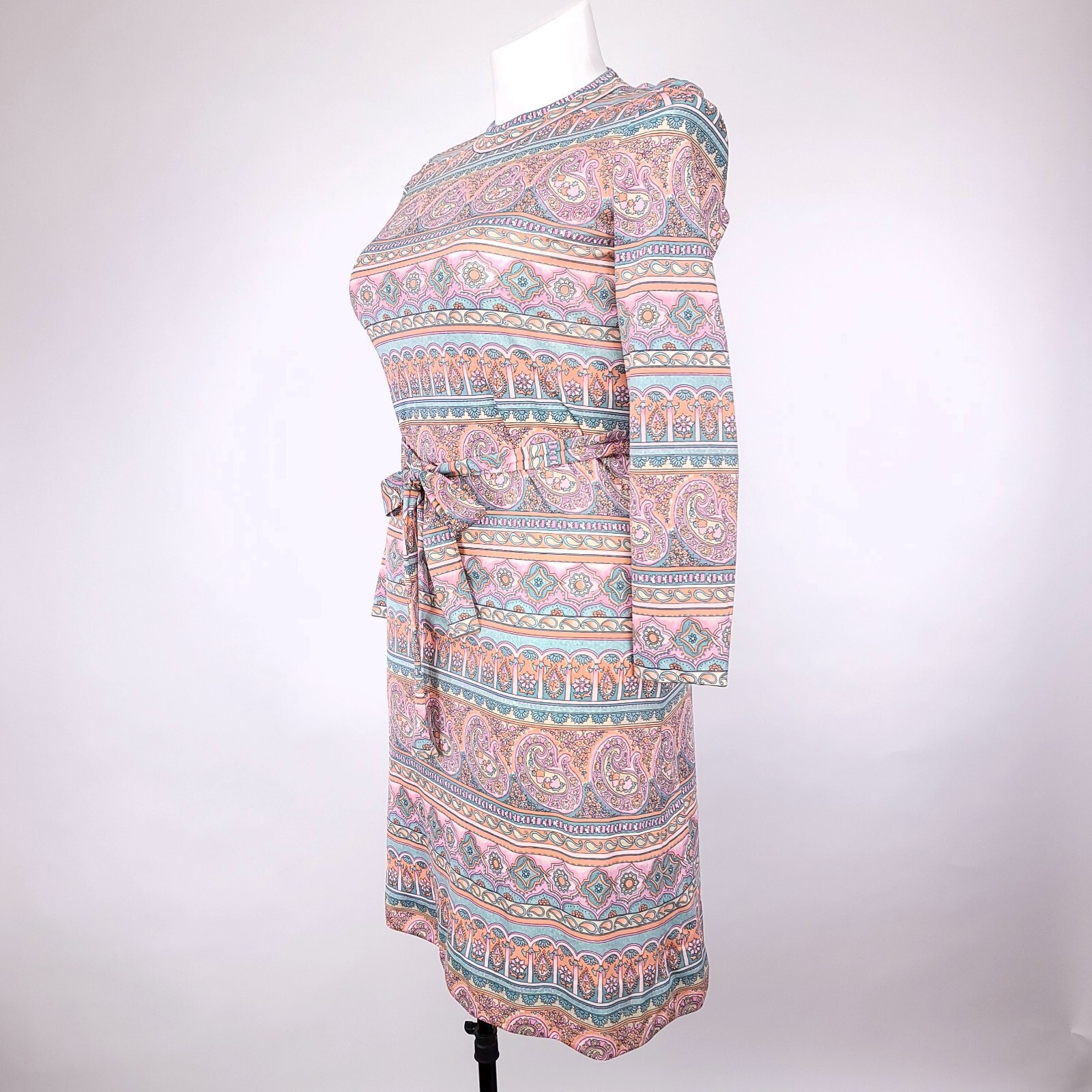 Carillon New York Vintage Paisley Floral Print Belted Sheath Dress Pink Blue 10