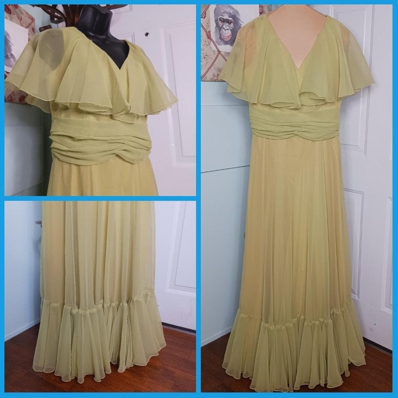 1970s Marita by Anthony Muto Chartreuse Evening Dress Rouche Flowy