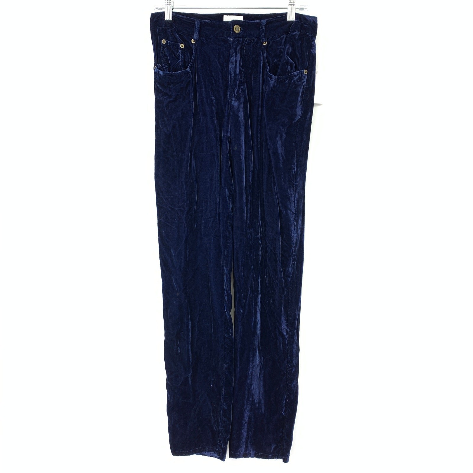 Vintage Moda Int’l Women’s Sz S Crushed Velvet Hi-Rise Straight Leg Pants Blue