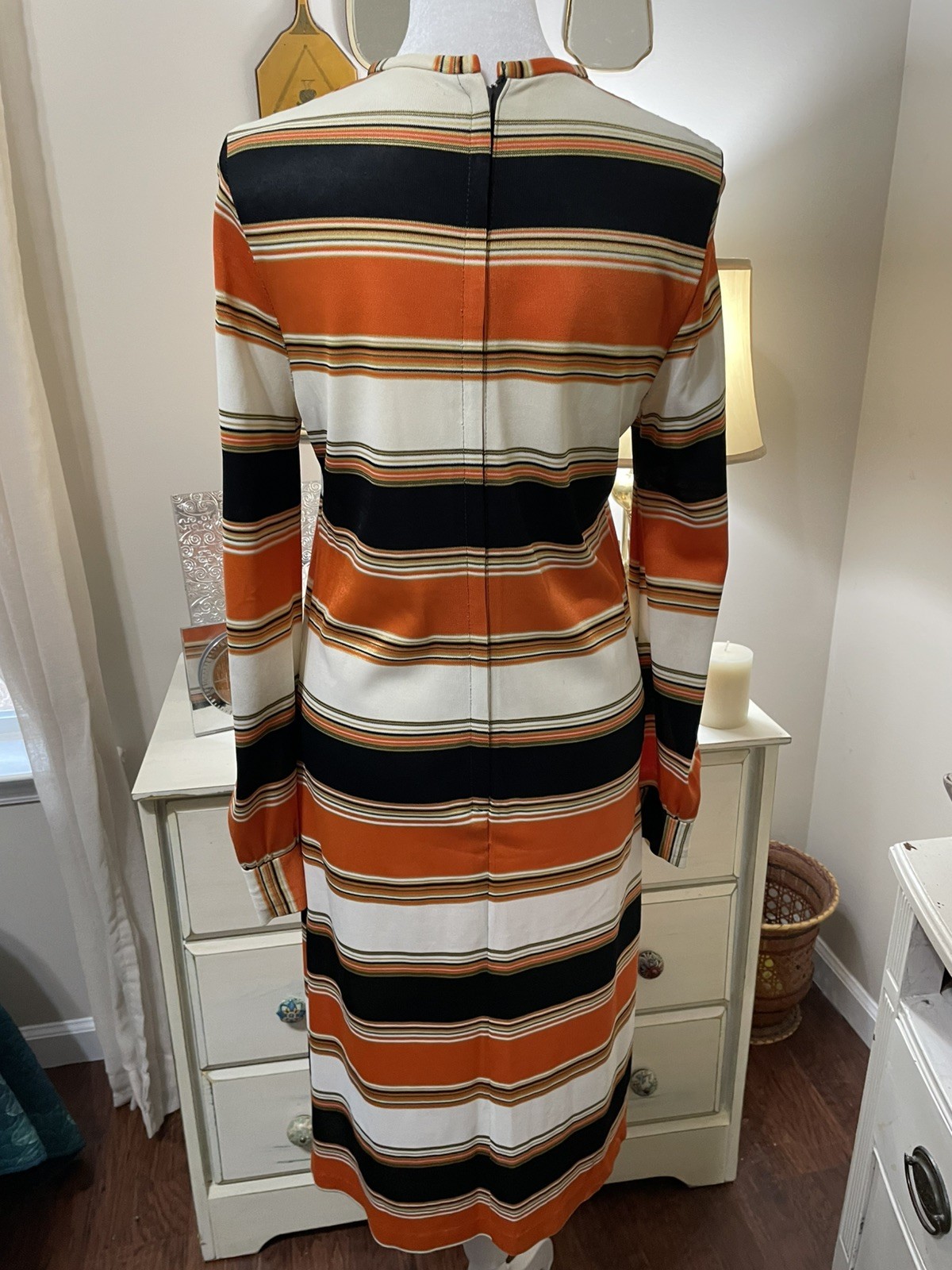 Hand Sewn Vtg 70s Midi Dress Orange Brown Yellow Sm/6 Long Sleeve Back Zipper **