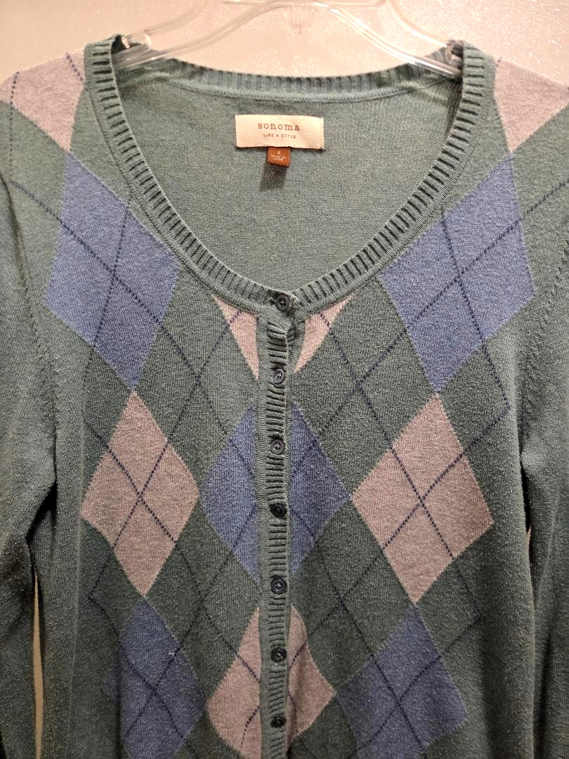 VINTAGE ARGYLE CARDIGAN SWEATER PASTEL GREEN BLUE WOMENS S SONOMA LIFE + STYLE