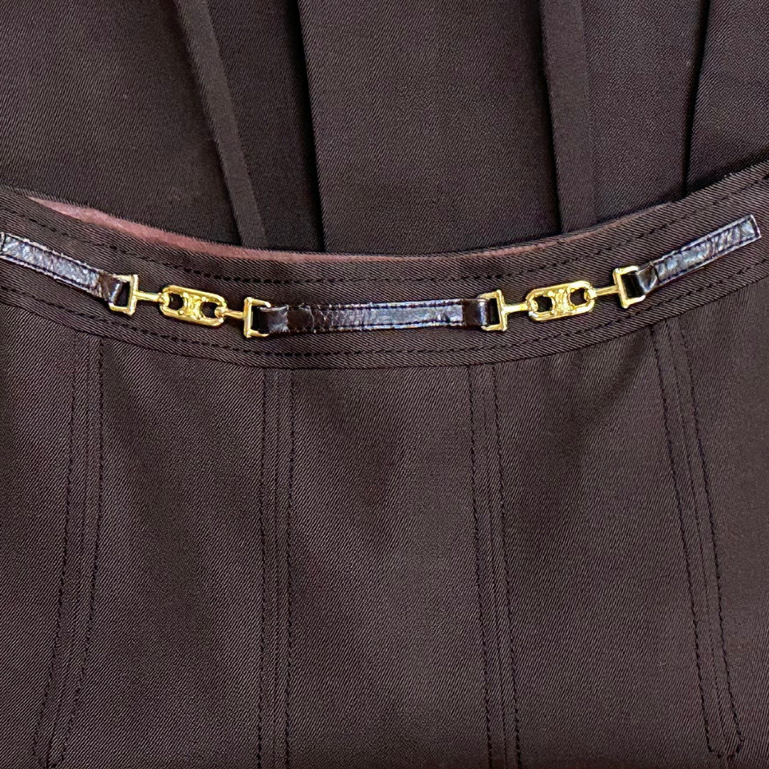 Vintage Celine 70s Wool Horsebit Brown Pleated Skirt