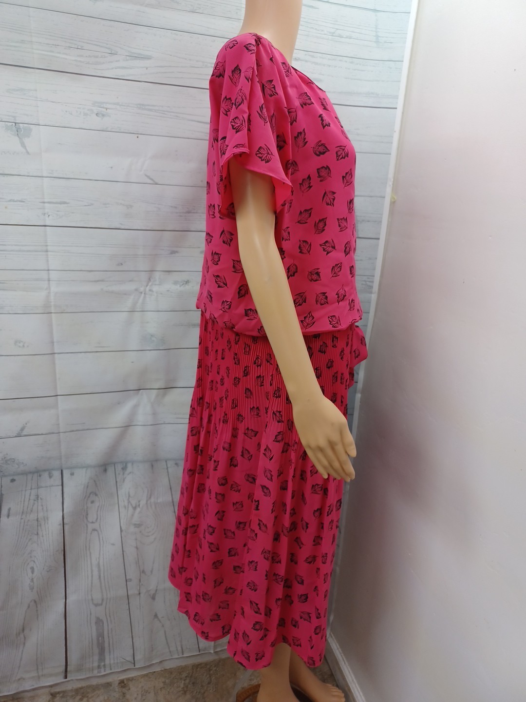 Vtg J.B. Too Pink Dress Floral Leaves Short Sleeves Secretary Drop Waist Sz 16