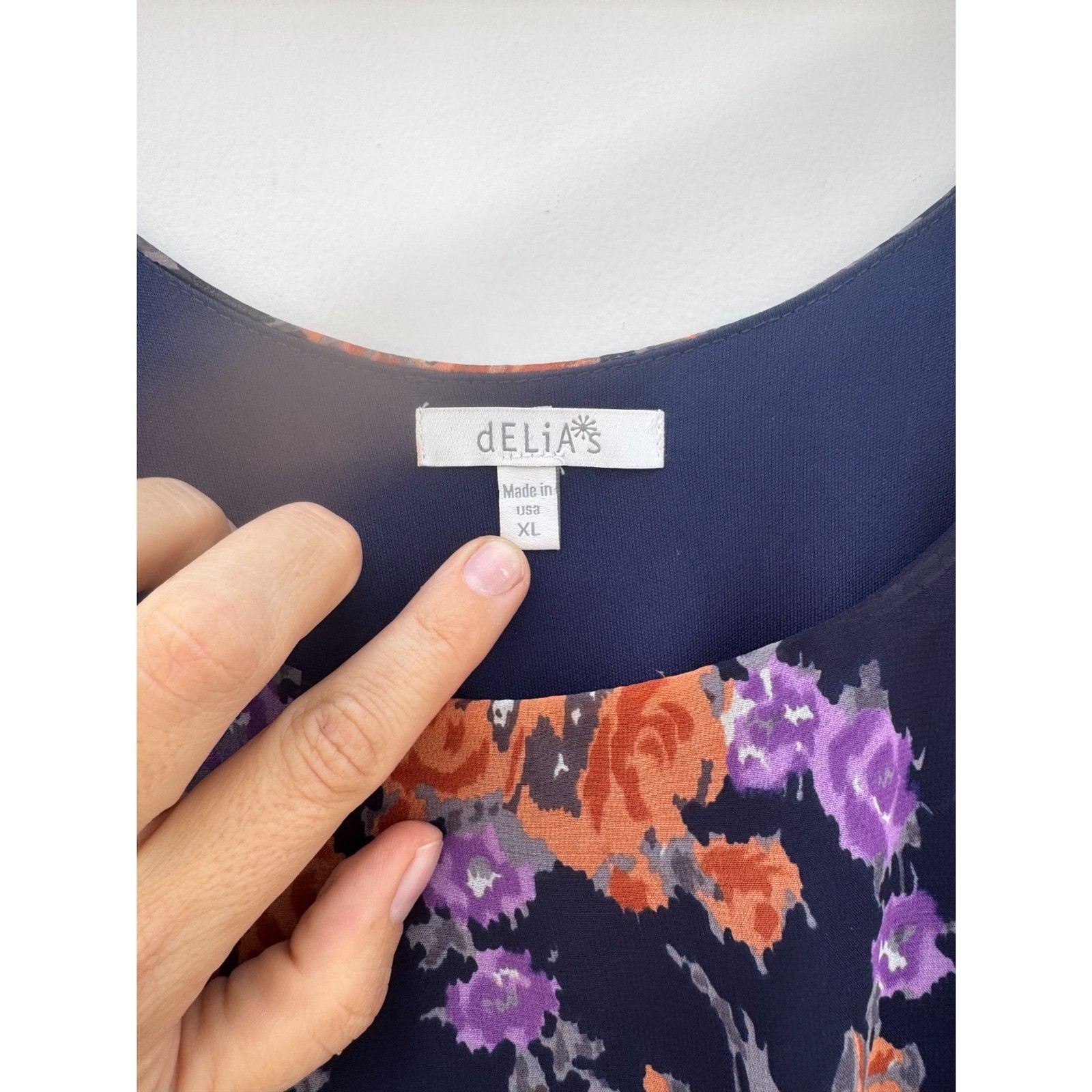 Vintage dELiA*s Navy Floral Chiffon Sundress Purple Orange Roses Size XL