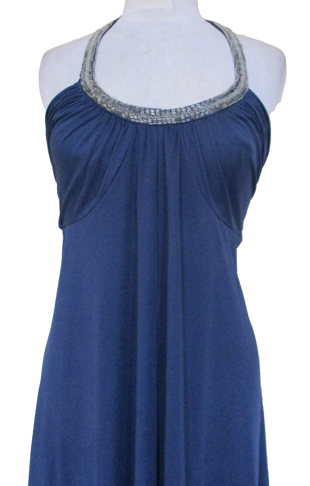 Vintage 70s Maxi Dress Evening Gown S/M Women Indigo Blue Beaded Halter Neck