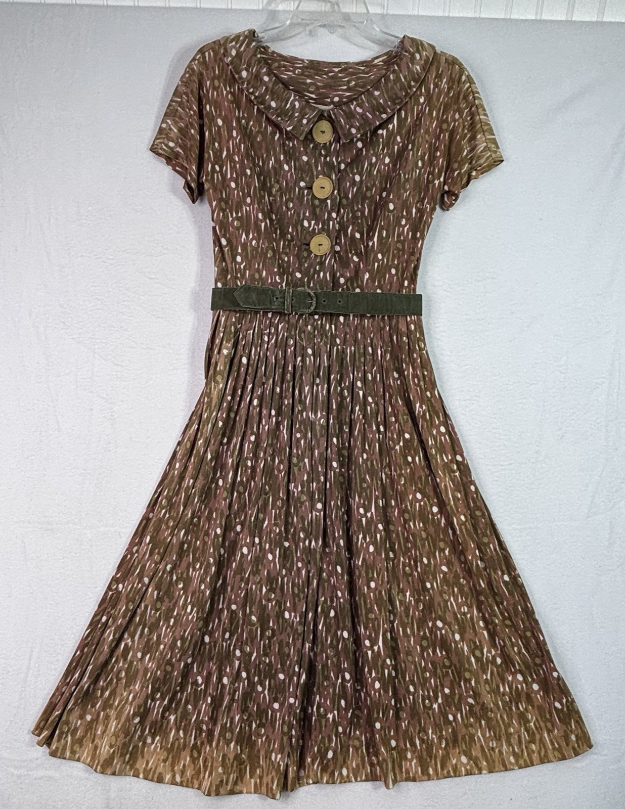 Vtg 60s Claire Tiffany Traveler Tea Dress 3 large buttons belted brown/green