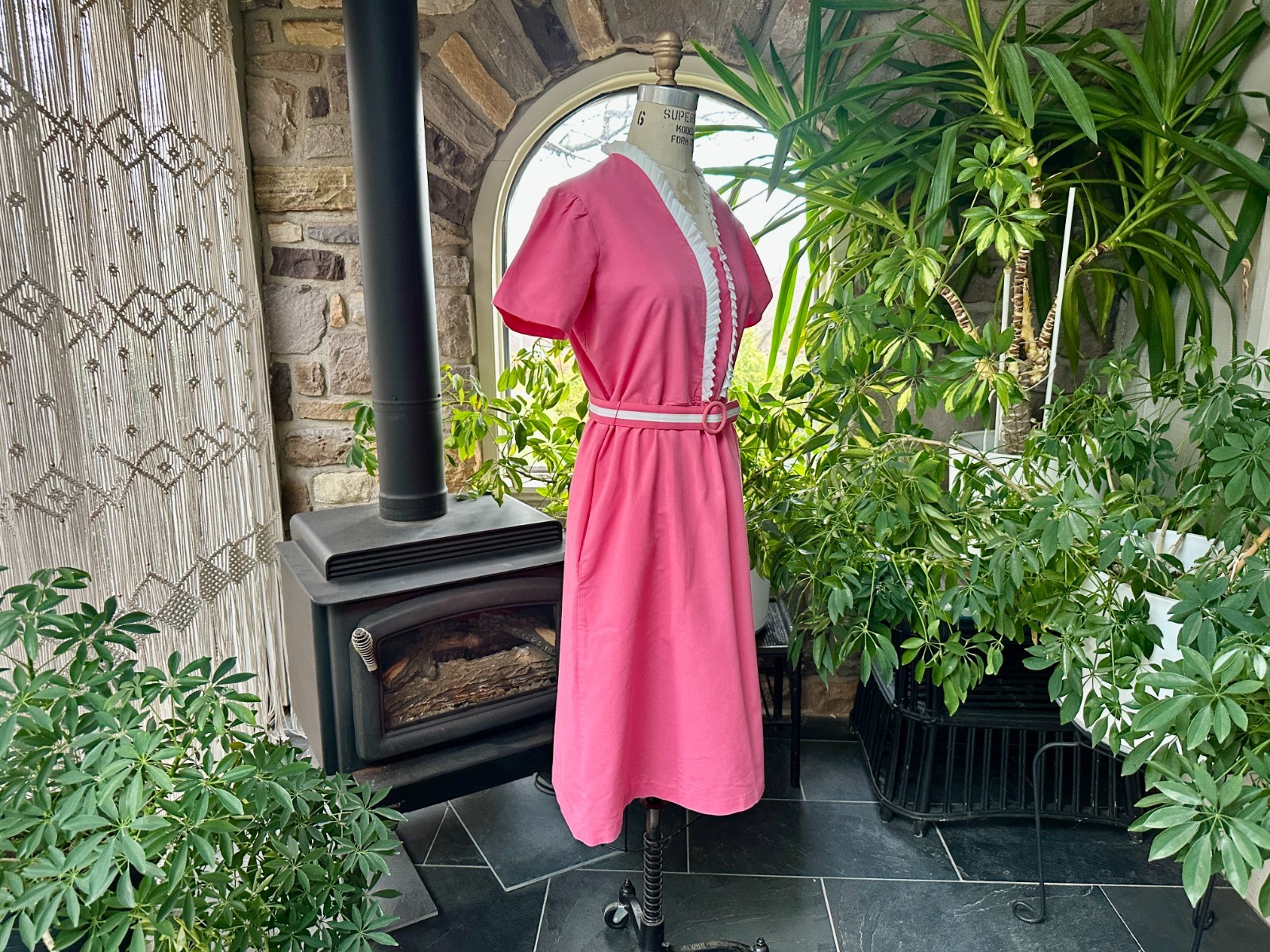 Vintage 1970s Pink and White Trim Belted Dress Sears the Fashion Place
