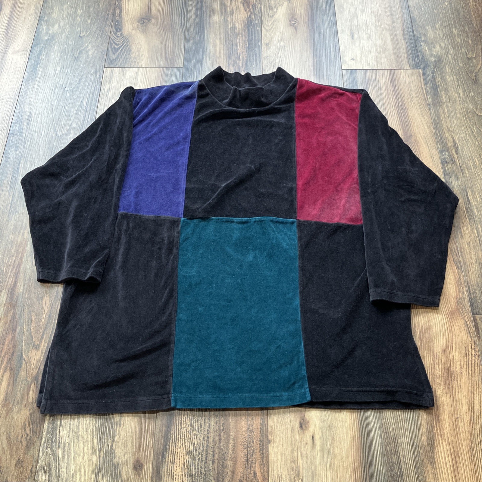 Vintage 80s 90s Carreau Velour Velvet Color Block Long Sleeve Shirt Black XL/2XL