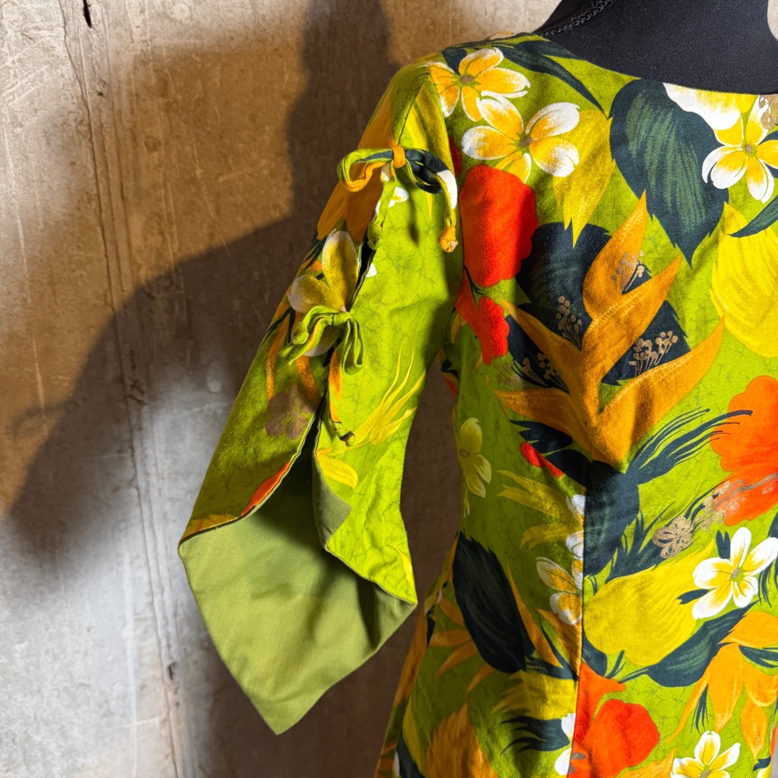 Vintage 60s Sears Hawaiian Fashions Floral Maxi Dress Green Orange Talon Zip S