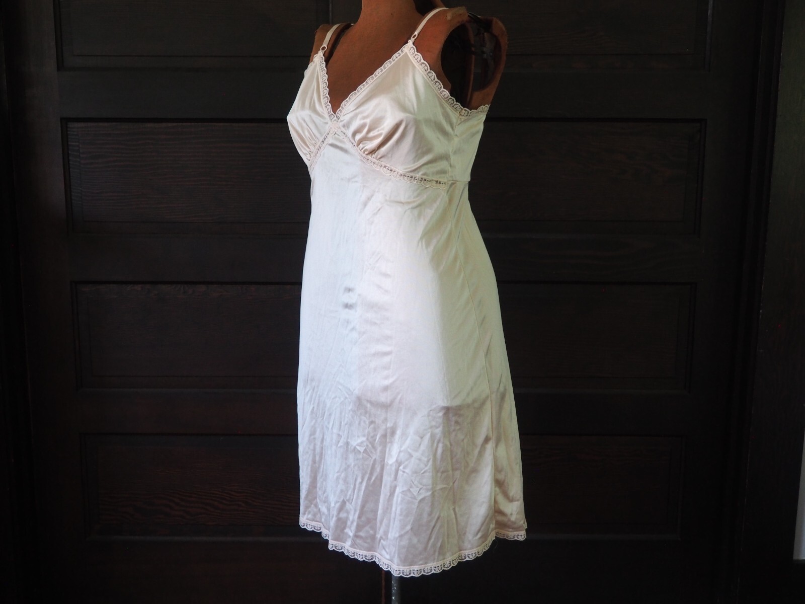 VTG 60s 70s Sears Cappuccino Plunge Neck Satin Lingerie Midi Slip Dress Sz 38