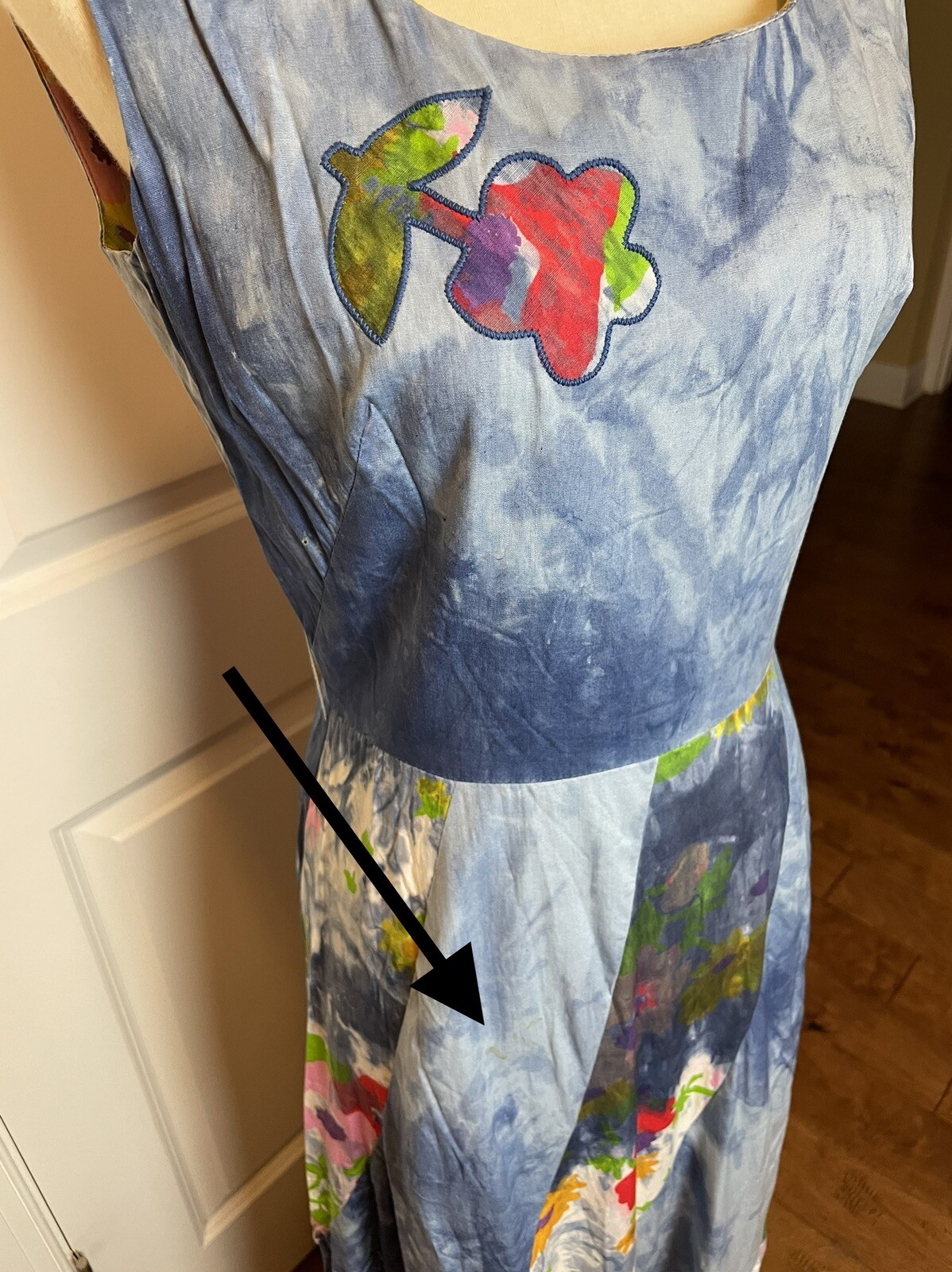 Vtg 60s Eve Le Coq Tie Dye Floral Maxi Dress Avril Cotton Sleeveless Sz S/XS