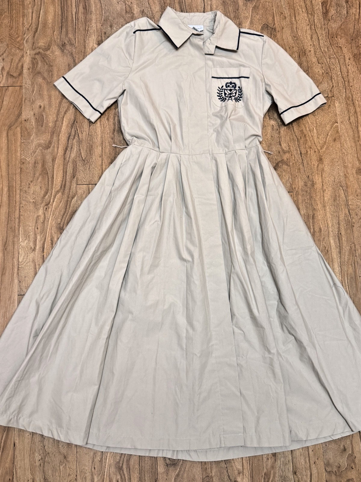 Vintage 80s 90s Preppy Shirt Dress Womens 12 Beige Fit Flare Full Skirt Academia