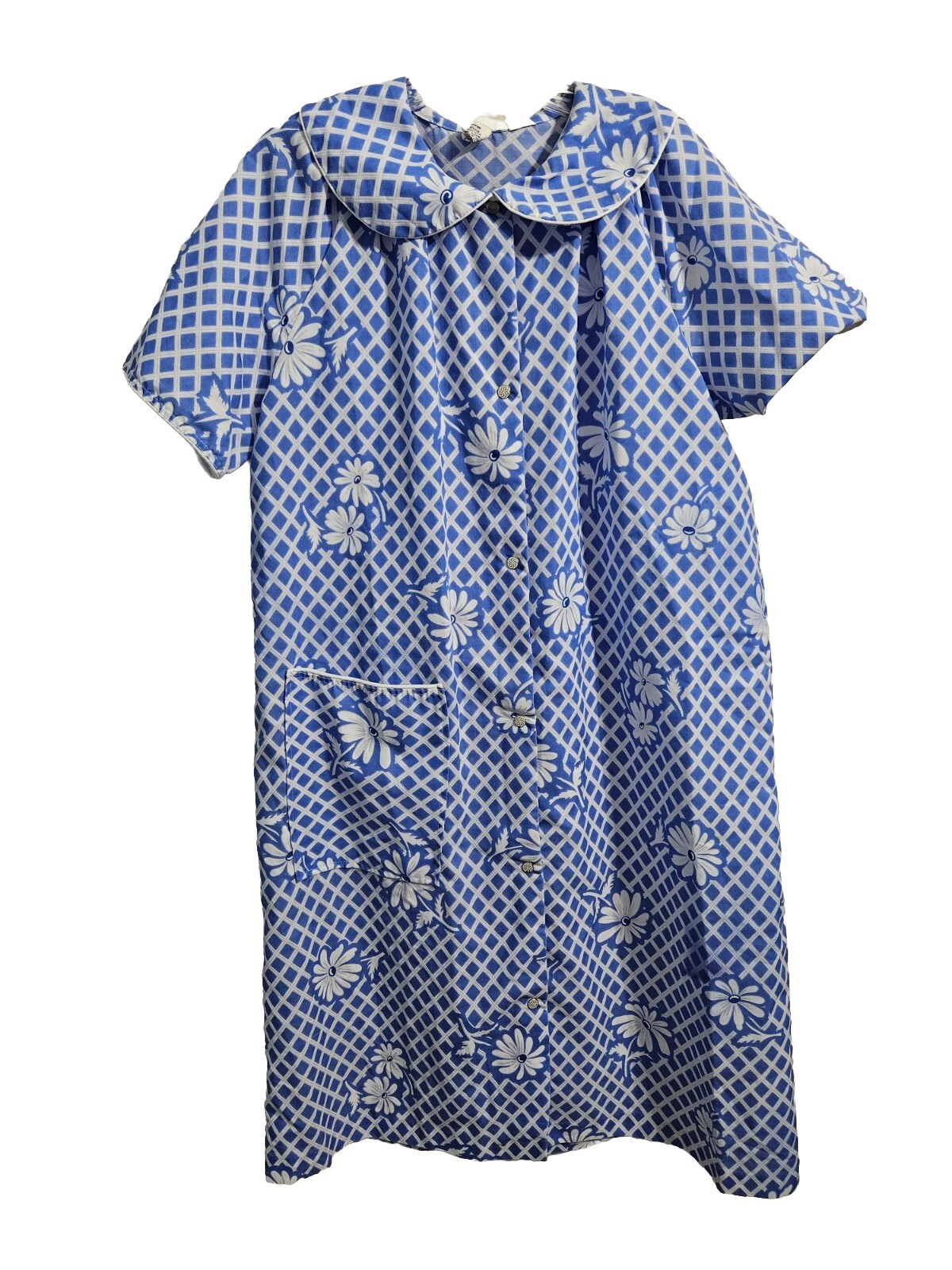 VTG Caper Coat Housecoat Nightgown Medium Retro Mod Button Up Blue Floral Check