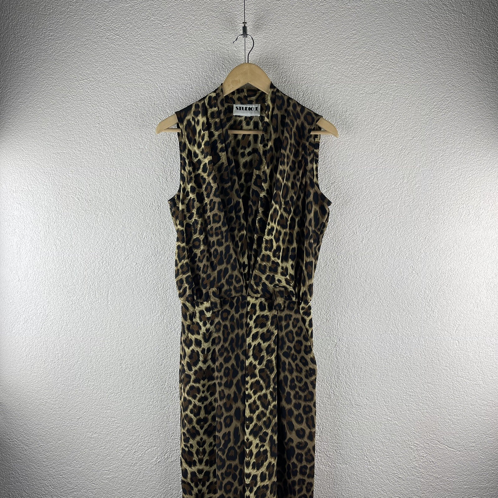 Vintage l 90s M Studio I Animal Leopard Print Pleated Plunge Taper Leg Jumpsuit
